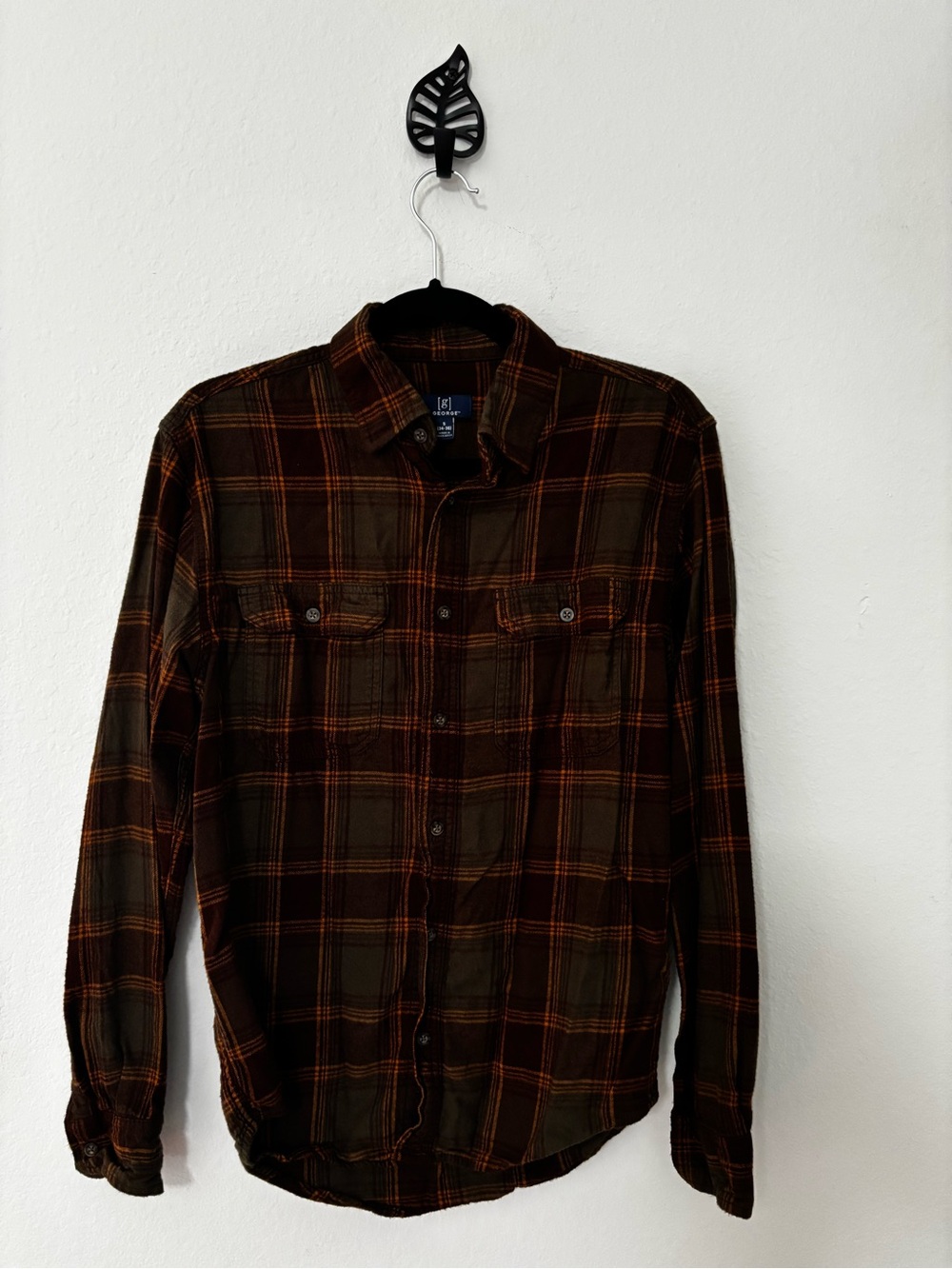 George Men’s Flannel Shirt Olive Brown Plaid Size S